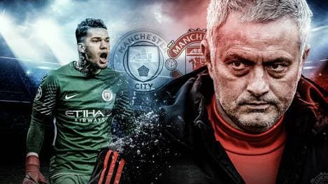 Manchester-United-Coach Jose Mourinho (r.) und City-Schlussmann Ederson gerieten nach dem Derby aneinander