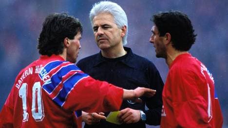 Eugen Strigel in der Saison 1992/93 mit den damaligen Bayern-Stars Lothar Matthäus und Bruno Labbadia