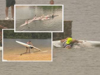 Die Herren liefern sich beim Kanu-Marathon einen heißen Kampf. Dabei kentert der Portugiese Jose Ramalho und es kommt zum Bojen-Crash.