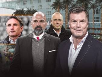 Der CHECK24 Doppelpass vom 31. Mai mit Hertha-Trainer Bruno Labbadia, Thomas Röttgermann, Vorstandsvorsitzender von Fortuna Düsseldorf und Markus Babbel, Ex-Bundesligatrainer.