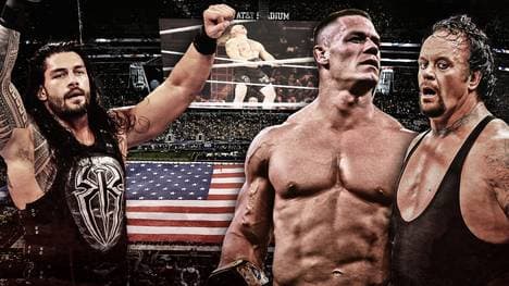Die wahrscheinlichen Protagonisten von WrestleMania 32: Roman Reigns, John Cena, der Undertaker (v.l.)
