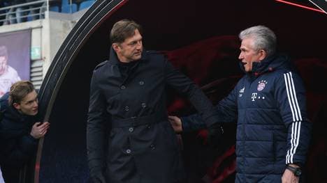 Leipzigs Trainer Ralph Hasenhüttl (l.) war auch lange als Nachfolger von Jupp Heynckes beim FC Bayern im Gespräch