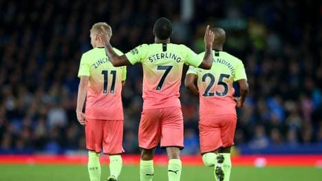 LIVERPOOL, ENGLAND - SEPTEMBER 28: Raheem Sterling of Manchester City celebrates after scoring his teams third goal during the Premier League match between Everton FC and Manchester City at Goodison Park on September 28, 2019 in Liverpool, United Kingdom. (Photo by Alex Livesey/Getty Images)