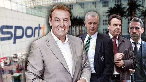 SPORT1-Moderator Jörg Wontorra begrüßt Rainer Bonhof (Vizepräsident Borussia M’gladbach), Heribert Bruchhagen (Vorstandsvorsitzender Eintracht Frankfurt) und Thomas Eichin (Geschäftsführer Werder Bremen) (v.l.n.r.)