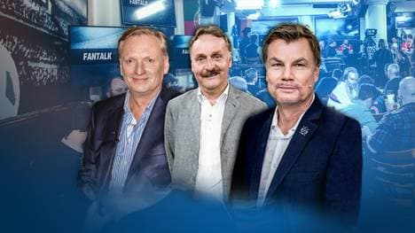 Thomas Helmer (r.) begrüßt am Mittwoch Rudi Brückner (l.) und Peter Neururer im Fantalk