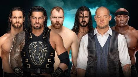 The Shield (l.) trifft bei Fastlane auf Drew McIntyre, Baron Corbin und Bobby Lashley (v.l.)