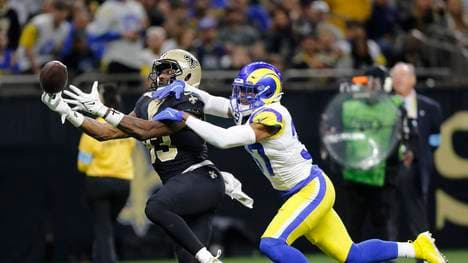 Los Angeles Rams safety Quentin Lake (37) is called for pass interference against New Orleans Saints tight end Juwan Johnson (83) at the Caesars Superdome in New Orleans on Sunday, December 01, 2024. PUBLICATIONxINxGERxSUIxAUTxHUNxONLY NOP2024120101 AJxSISCO