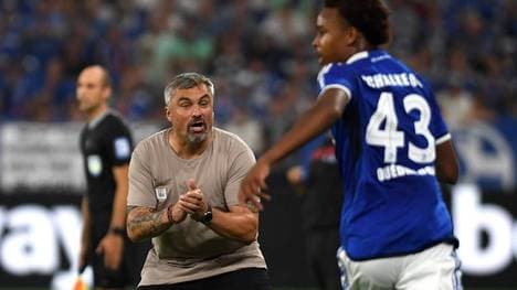 Auch auf Schalke-Trainer Thomas Reis, hier mit Assan Ouedraogo, nimmt der Druck zu