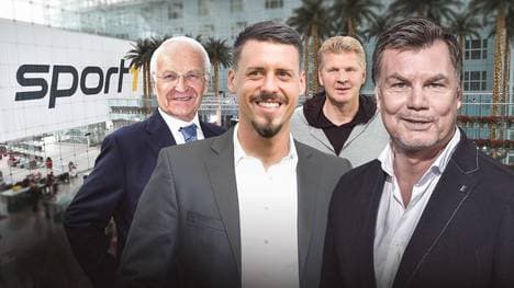 Thomas Helmer (r.) begrüßt Dr. Edmund Stoiber, Sandro Wagner und Stefan Effenberg (v.l.)