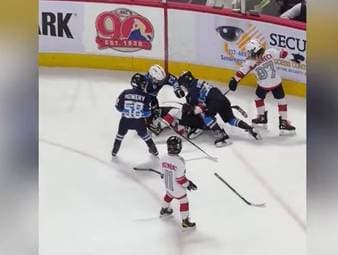 In der 2. Eishockey-Liga in den USA kommt es zu dieser Prügelei zwischen Kindern. Plötzlich fiebert das ganze Stadion mit. 