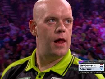 Michael Van Gerwen verliert das Legendenduell im Achtelfinale der Darts WM gegen Gary Anderson. Kurz vor ende der Partie hat der Holländer große Schwierigkeiten die Doppelfelder zu treffen.    