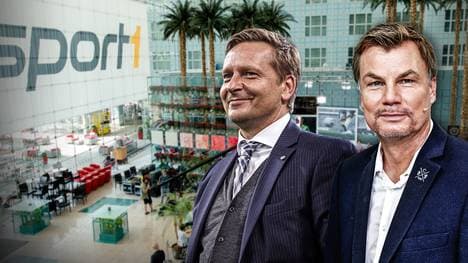 Moderator Thomas Helmer begrüßt am Sonntag im Volkswagen Doppelpass Schalkes Horst Heldt