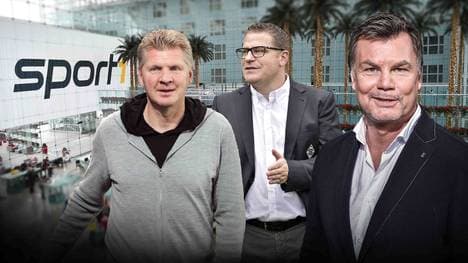 Max Eberl (M.) und Stefan Effenberg (l.) sind am Sonntag zu Gast im CHECK24-Doppelpass auf SPORT1