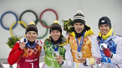 Erik Lesser, Daniel Böhm, Arnd Peiffer und Simon Schempp (v.l.) waren in Sotschi Zweite hinter Russlands Staffel