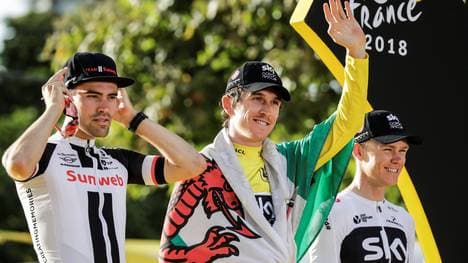 Tour de France 2019: Strecken und Etappen vorgestellt  , Der Brite Geraint Thomas (mitte) gewann 2018 die Tour de France
