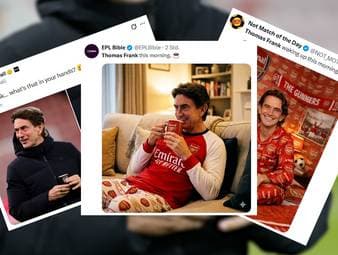 Tottenham-Trainer Thomas Frank trinkt vor dem Spiel in Bournemouth aus einem Becher des Erzrivalen FC Arsenal. Das Netz spottet - und der Trainer muss sich für diesen Fauxpas erklären.