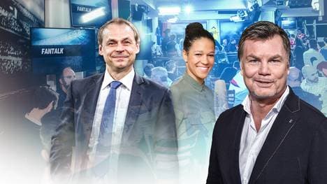 Olaf Thon und Celia Sasic sind heute die Gäste von Moderator Thomas Helmer (r.)