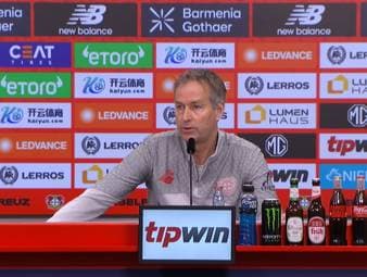 Auf der Spieltagspressekonferenz bestätigt Leverkusen-Coach Kasper Hjulmand das Saison-Aus von Stürmer Martin Terrier. 