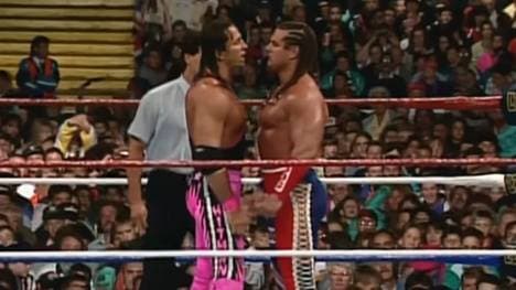 Bret Hart (l.) und der British Bulldog vor ihrem WWE-Duell in Wembley 1992