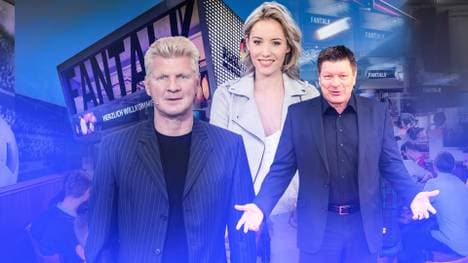 Moderatorin Laura Papendick (M.) begrüßt am Dienstag u.a. Stefan Effenberg (l.) und Bruno Knust im Fantalk