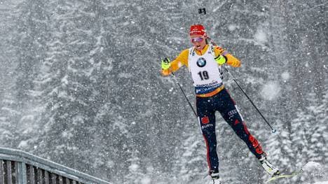 RUHPOLDING, GERMANY - JANUARY 19: Denise Herrmann of Germany in action during the IBU Biathlon World Cup Women's 10 km Pursuit Competition on January 19, 2020 in Ruhpolding, Germany. (Photo by Stanko Gruden/Agence Zoom/Getty Images)
