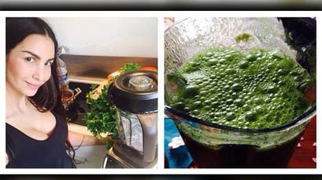 Sila Sahin mit ihrem Lieblingsgetränk: dem grünen Smoothie.