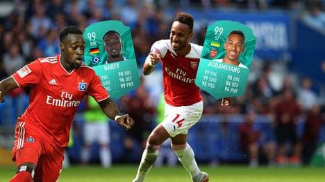 Khaled Narey (l.) und Pierre-Emerick Aubameyang haben jeweils eine 99er-Karte