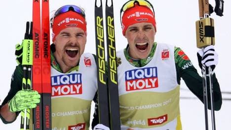 Fabian Rießle (l., beim WM-Gewinn 2019 mit Eric Frenzel) macht Schluss
