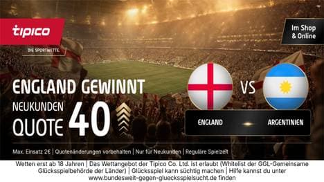England - Argentinien Quotenboost: 40,00 Quote auf Sieg England bei Tipico!