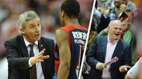 Svetislav Pesic (l.) umarmte nach dem Sieg des FC Bayern Basketball Uli Hoeneß