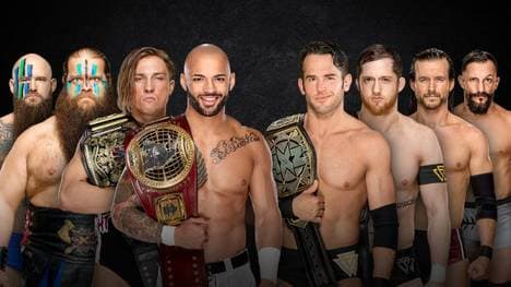 Die War Raiders, Pete Dunne und Ricochet treffen bei den War Games auf Roderick Strong, Kyle O'Reilly, Adam Cole und Bobby Fish (v.l.)
