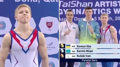 Russlands Ivan Kuliak sorgt mit dem Tragen des "Z" auf seinem Jersey während der Siegerehrung beim Turn-Weltcup für Wirbel