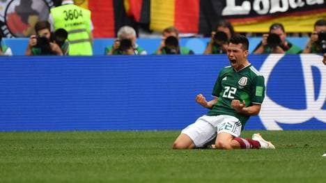 Mexico's forward Hirving Lozano celebrates after scoring their first goal during the Russia 2018 World Cup Group F football match between Germany and Mexico at the Luzhniki Stadium in Moscow on June 17, 2018. (Photo by Yuri CORTEZ / AFP) / RESTRICTED TO EDITORIAL USE - NO MOBILE PUSH ALERTS/DOWNLOADS        (Photo credit should read YURI CORTEZ/AFP/Getty Images)