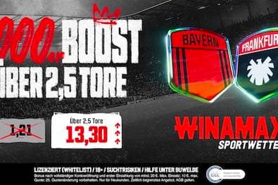 Bayern - Frankfurt Quotenboost: Bei Winamax mit Quote von 13,30 auf über 2,5 Tore tippen