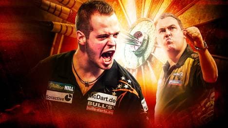 Max Hopp (l.) kann mit einem Sieg gegen Kim Huybrechts bei der PDC Darts-WM erstmals ins Achtelfinale einziehen