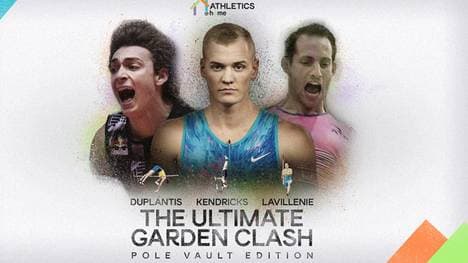 Die Hochspringer (v.l.) Armand Duplantis, Sam Kendricks und Renaud Lavillenie messen sich in einer Garten-Challenge