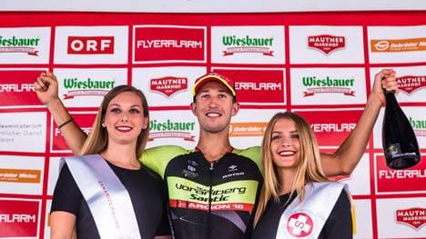 Stage winner Jannik Steimle (Team Vorarlberg Santic, GER) poses on the podiumm after the 5th stage of the 2019 Tour of Austria from Bruck an der Glocknerstraße to Kitzbuehel om July 11, 2019. - - (Photo by JFK / APA / AFP) / Austria OUT        (Photo credit should read JFK/AFP/Getty Images)