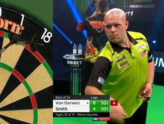 Hat Michael van Gerwen ein Materialproblem? Beim Premier League-Duell gegen Michael Smith muss er zwei Robin Hoods hinnehmen, zweimal prallt der Darts ab.