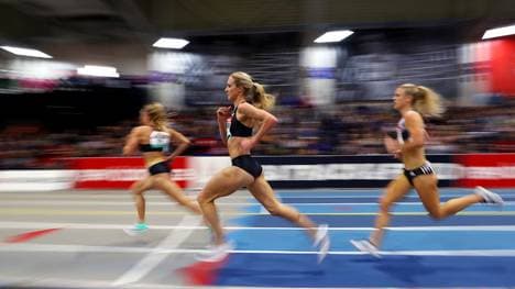 BOSTON, MASSACHUSETTS - JANUARY 25: Emma Coburn of the United States competes in the Women's 2 Mile during the New Balance Indoor Grand Prix at Reggie Lewis Center on January 25, 2020 in Boston, Massachusetts. (Photo by Maddie Meyer/Getty Images)