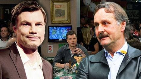 Thomas Helmer begrüßt u.a. Peter Neururer im "Bitburger Fantalk"