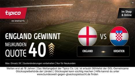 Quote 40.0 auf England Sieg | Tipico WM-Boost England vs. Kroatien