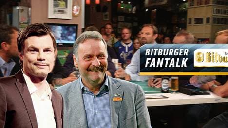 Thomas Helmer begrüßt u.a. Peter Neururer im "Bitburger Fantalk"