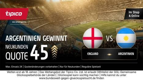 Quote 45,00: Tipico Boost für England - Argentinien | Jetzt WM-Neukunden-Bonus sichern!