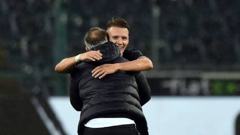 Hannes Wolf (r., mit Marco Rose) erzielte sein erstes Bundesligator