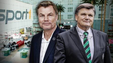 Moderator Thomas Helmer begrüßt Hans Meyer (r.) von Borussia Mönchengladbach im Volkswagen Doppelpass