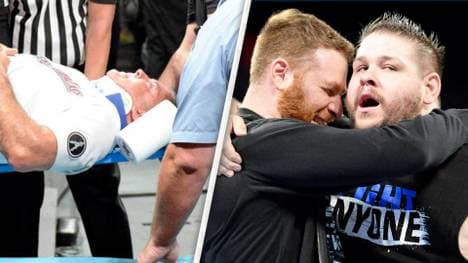 Sami Zayn (M.) erklärte bei WWE SmackDown Live seinen Verrat an Shane McMahon (l.) bei Hell in a Cell