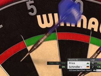 Martin Schindler überwirft im Achtelfinale des Grand Slam of Darts die 130 Punkte. Sein Gegner Gerwyn Price kann aber nicht checken und so holt der Deutsche das Leg doch noch.
