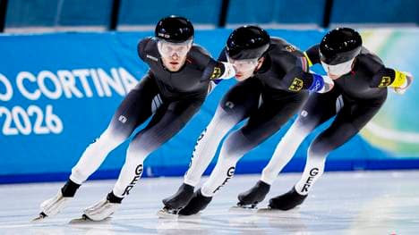 Die deutschen Eisschnellläufer Patrick Beckert, Felix Maly und Fridtjof Petzold bei Olympia