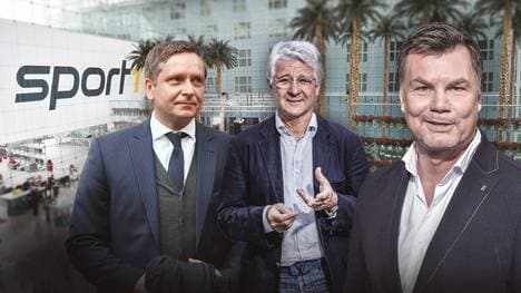 Doppelpass am Sonntag mit Horst Heldt (l.), Marcel Reif (M.) und Thomas Helmer