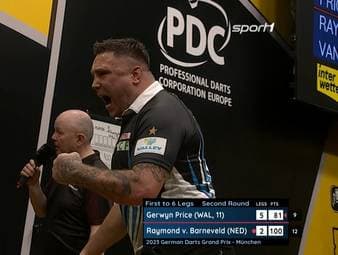 Gerwyn Price lässt gegen Raymond van Barneveld beim German Darts Grand Prix in München nichts anbrennen und zieht mit einem 6:2 in die nächste Runde ein.